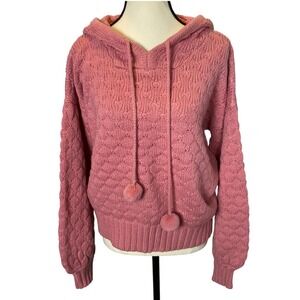 Rue Stiic Anthropologie Cable Knit Pom Pom Hooded Sweater Medium Balloon Sleeve